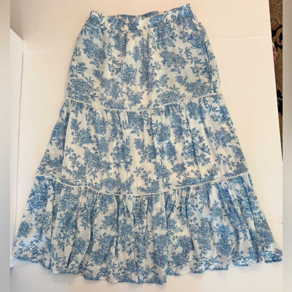 Nanette Lepore Blue & White Toile Tiered Boho Coquette Country Chic Maxi Skirt - Picture 12 of 12